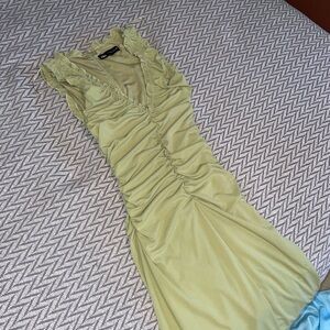 Zara Light Green Ruched V-Neck Midi Dress